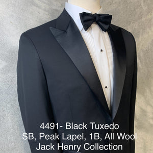 Black Tuxedo | Jack Henry Collection | Peak Lapel | Single Breasted | 1 Button Front | Contemporary Fit | All Wool | 4491