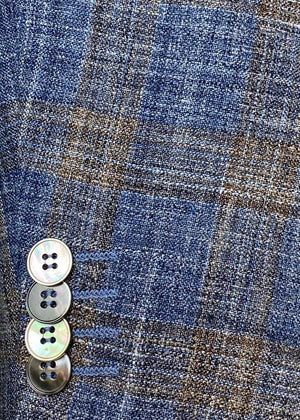 Textured Blue and Tan Windowpane Plaid | Contemporary Fit | Linen/Silk/Bamboo | 6191