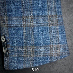 Textured Blue and Tan Windowpane Plaid | Contemporary Fit | Linen/Silk/Bamboo | 6191